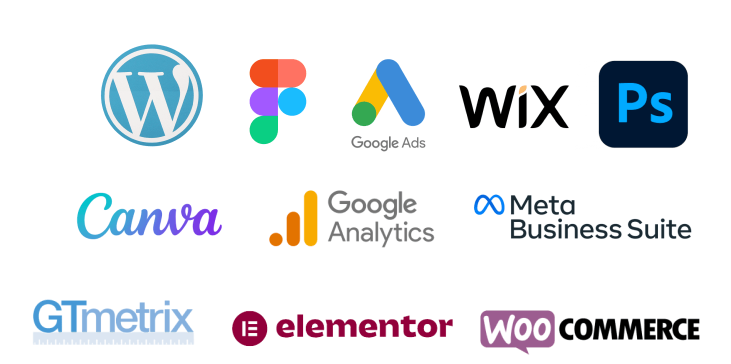 WordPress, Figma, Google Ads, Wix, Canva, Google Analytics, Meta Business Suite, GTMetrics, Elementor, WooCommerce