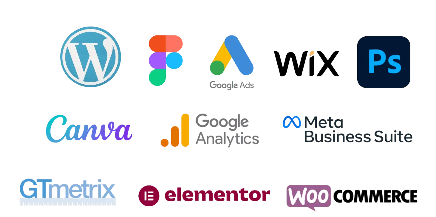 WordPress, Figma, Google Ads, Wix, Canva, Google Analytics, Meta Business Suite, GTMetrics, Elementor, WooCommerce